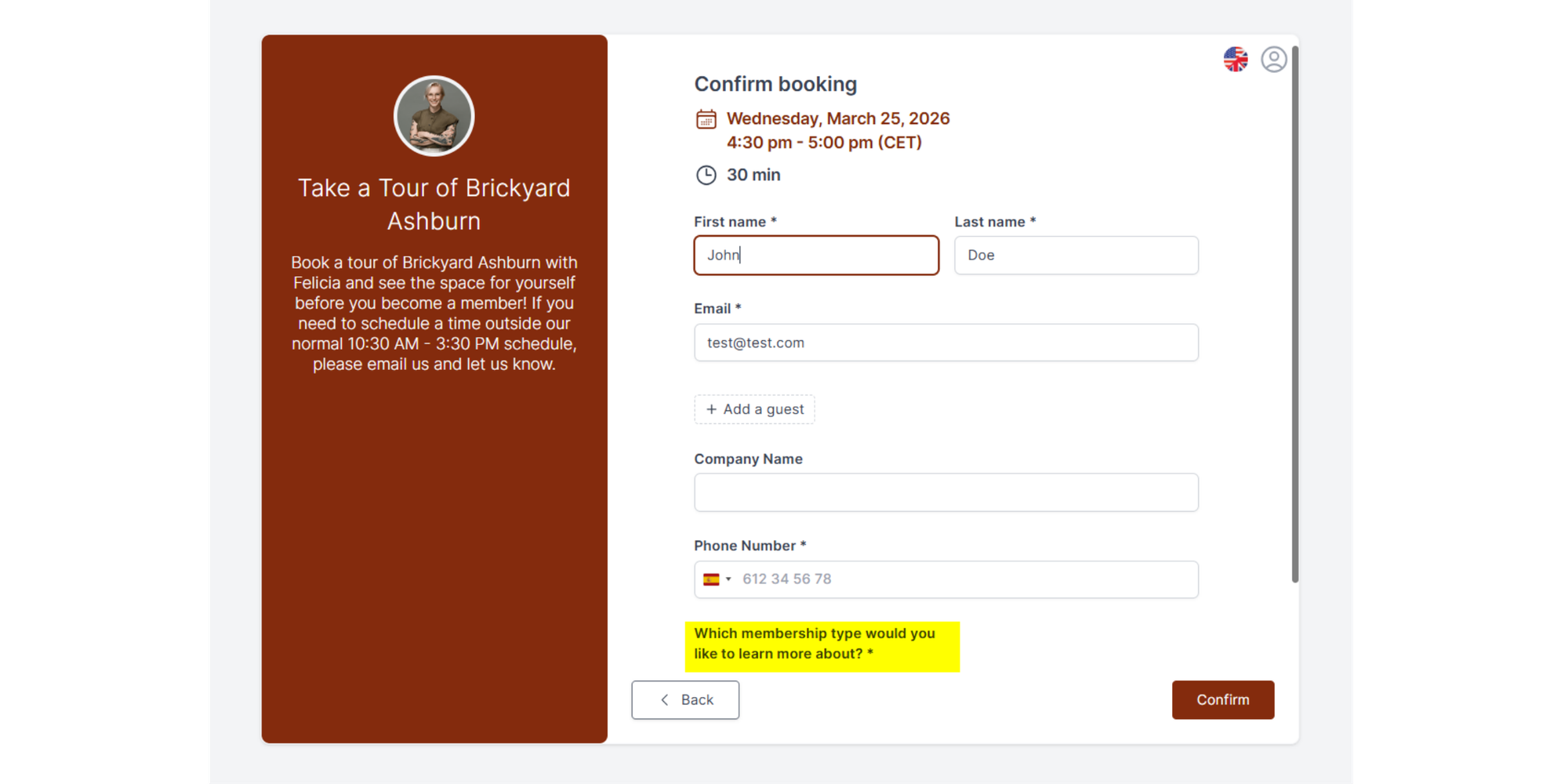 Ejemplo de formulario de programación de admisiones de Koalendar utilizado por Brickyard